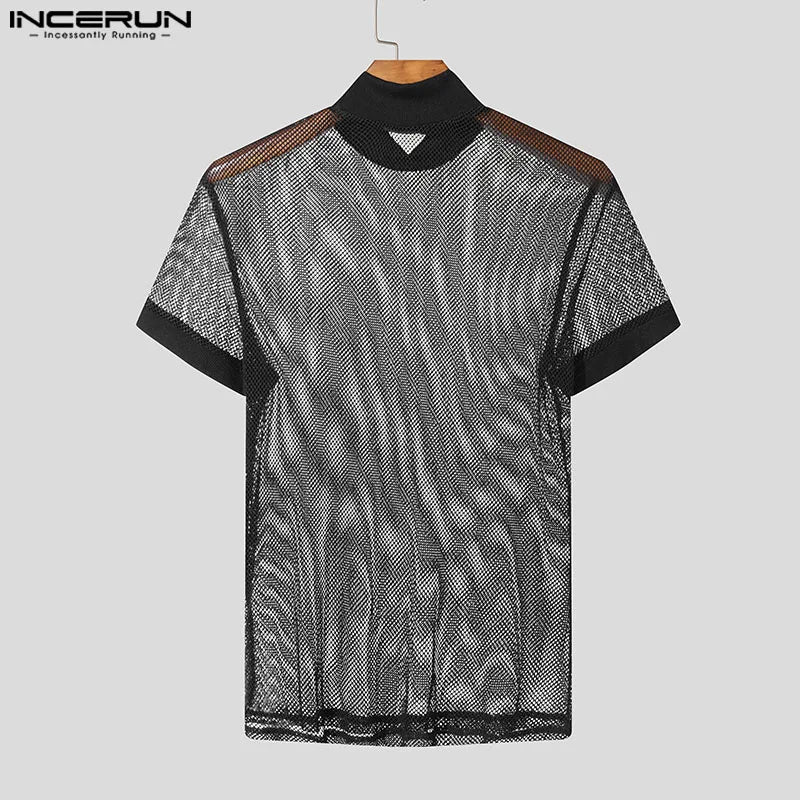 INCERUN Summer T-Shirts Short Sleeve Mesh Tee See Through Hollow Out Tops Tee Men's Clothing Sexy Streetwear Oversize Tops