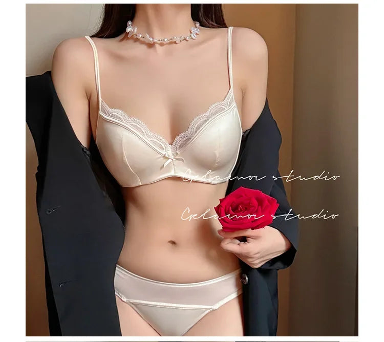 French Women's Lace Seamless Underwear Women's Thin Summer Sexy Lace Satin Anti-sagging Push-up Bra Set Underwear Women Set