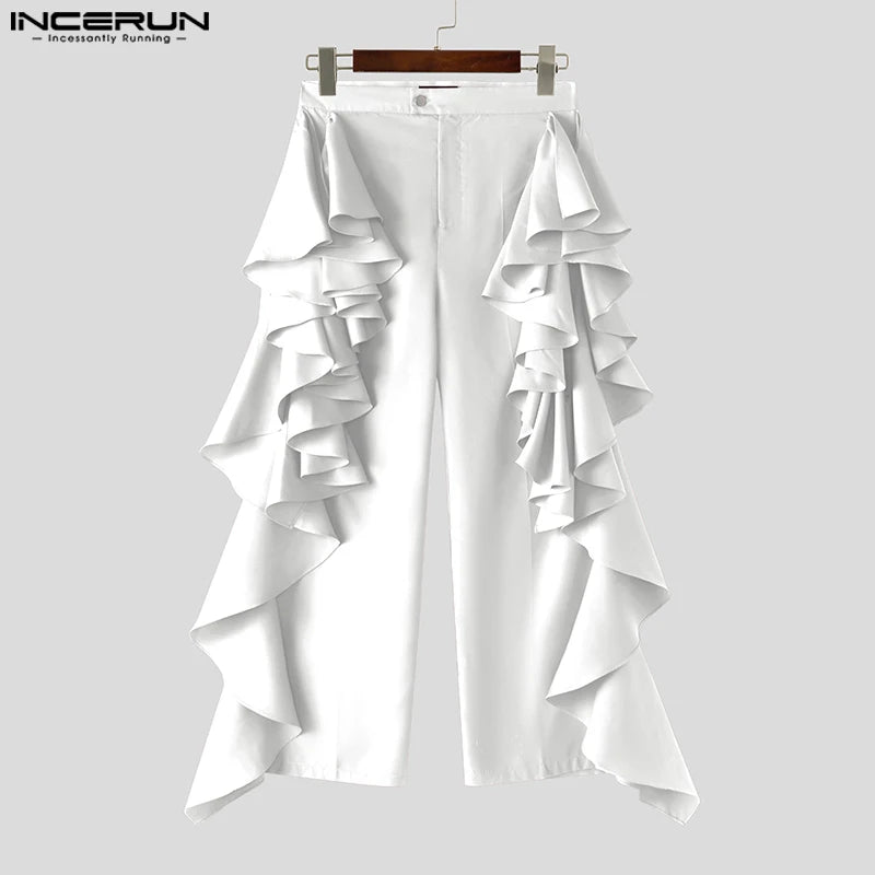 INCERUN 2025 American Style Trousers Fashion New Men Double-layer Flounce Pants Male Casual Solid Color Wide Leg Pantalons S-5XL