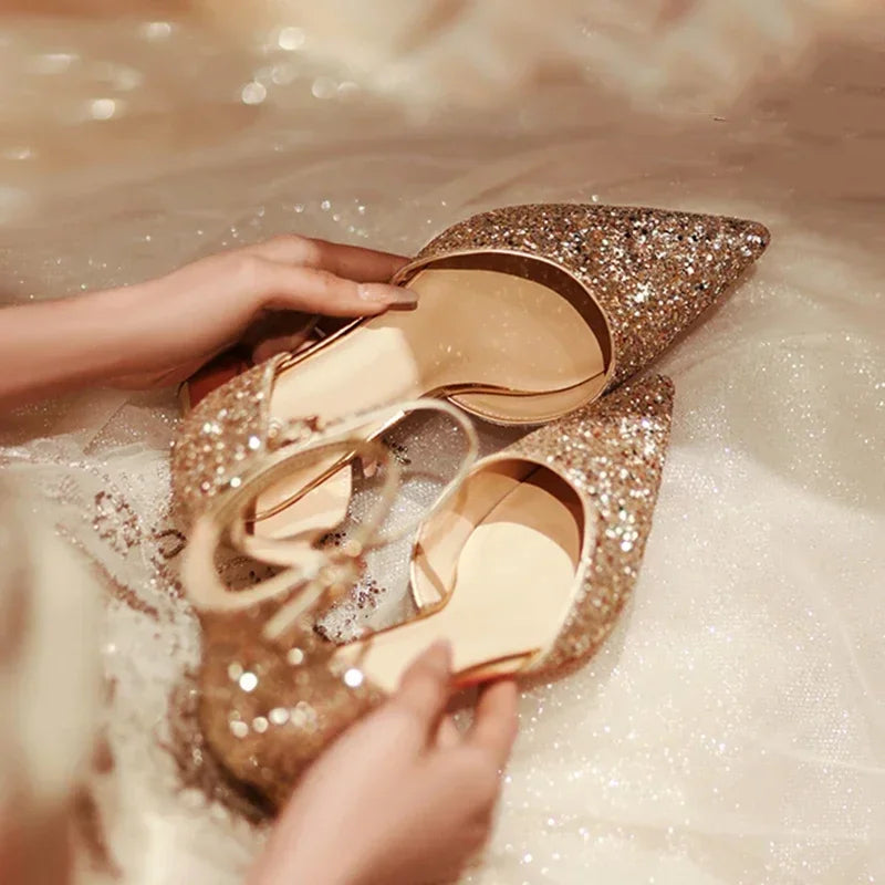 Luxury Gold Silver Sequins High Heels Pumps Women 2025 Pointed Toe Ankle Straps Wedding Shoes Woman Thick Heeled Party Shoes
