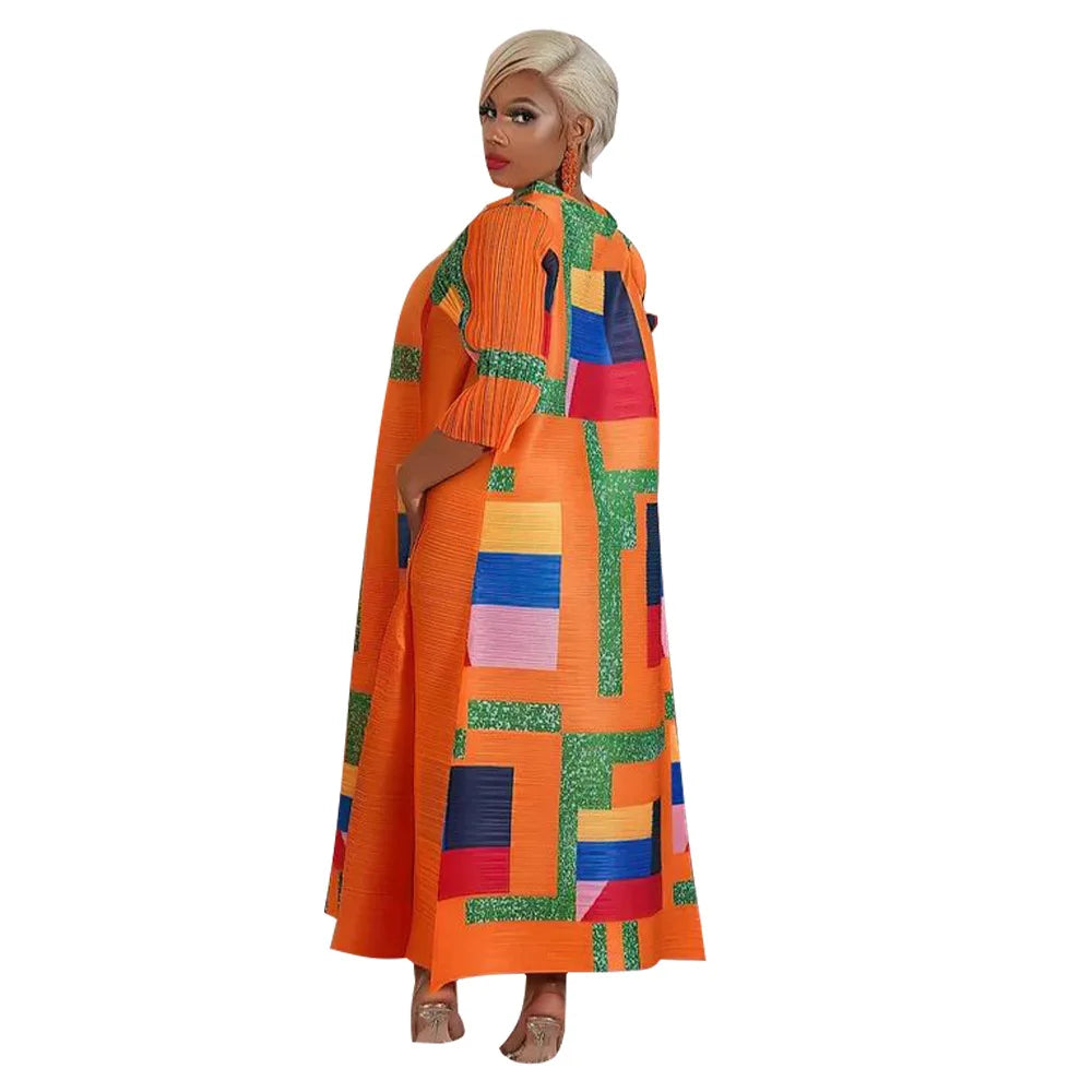 African Dresses for Women Summer Fashion Style African 3/4 Sleeve Polyester O-neck Pleated Dress Dashiki African Clothes Women