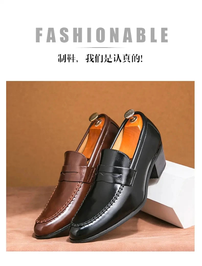 Men Retro Dress Shoes Black Brown Medium High Heels European and American Business Banquet Cuban Leather Shoes Size 38-45