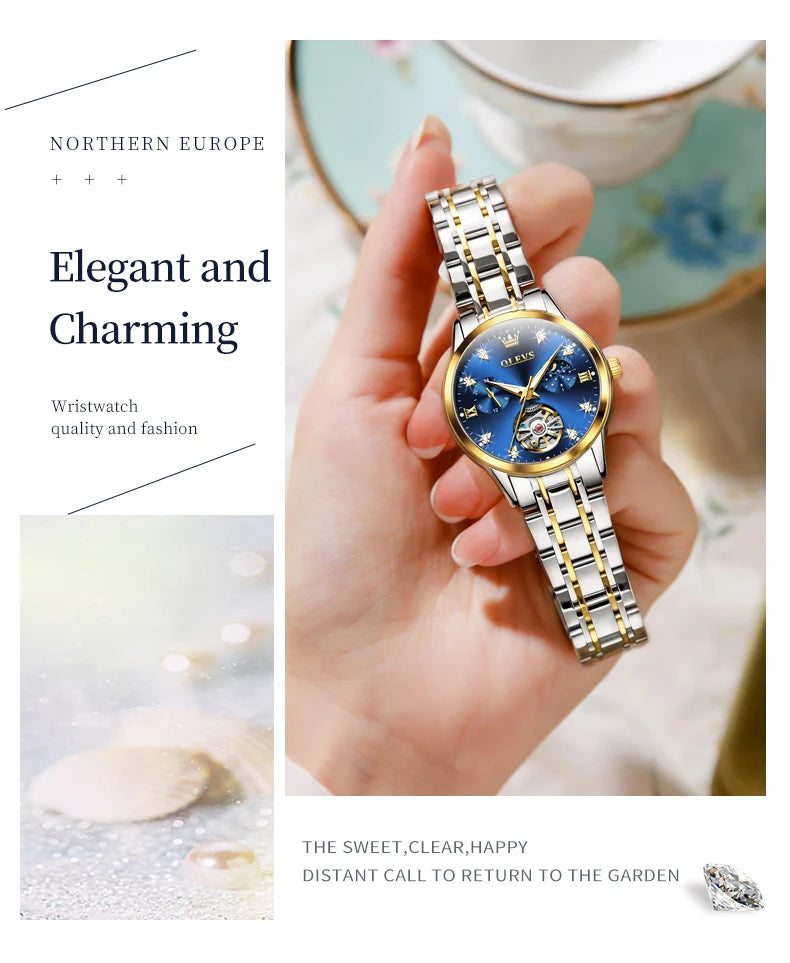 OLEVS 6608 Women Watch Original New Luxury Watch Stainless Steel Automatic Mechanical Diamond Scale Waterproof Watches For Women