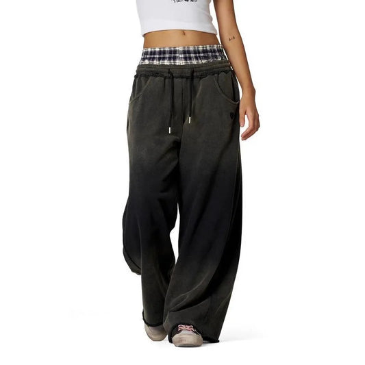Mens Pants Washed Plaid Patchwork Double Waist Straight Leg Trousers Harajuku Unisex Low Rise Loose Fit Casual Streetwear New