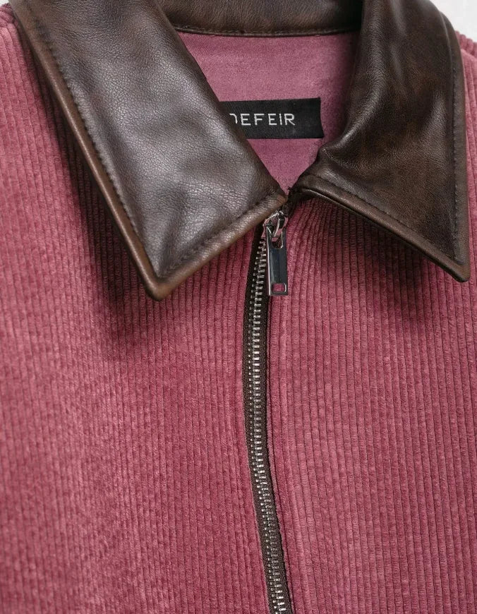 Women Pu Leather Collar Pink Cropped Jacket Corduroy Fashion Long Sleeve Zipper Coat 2026 New Lady Spring Chic Street Outwear