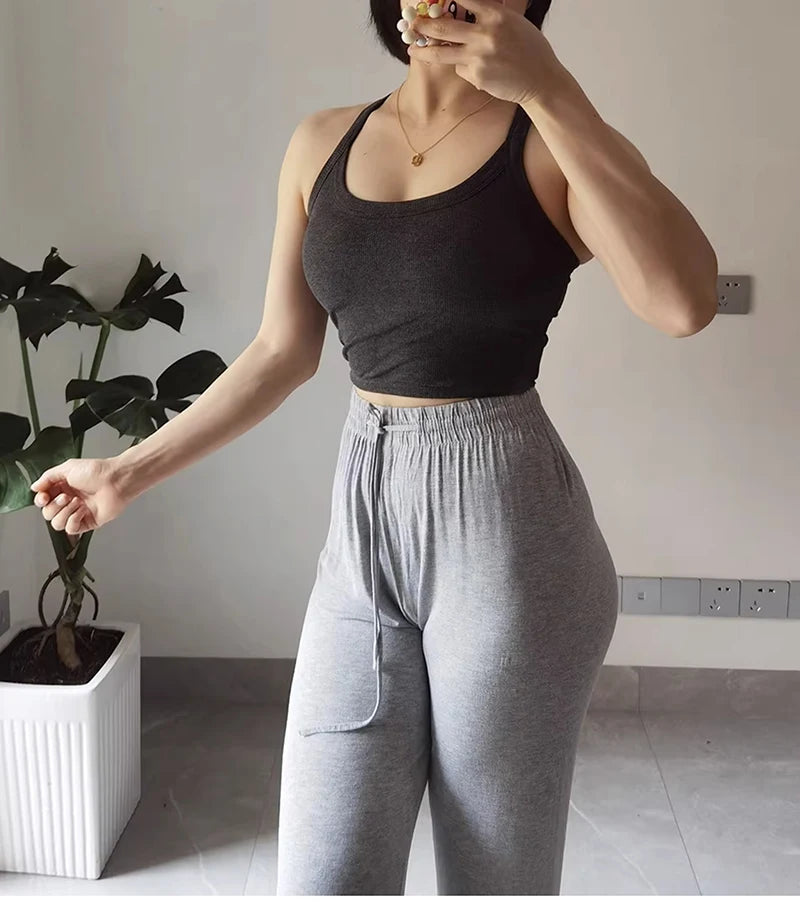 BIVIGAOS Summer Drawstring Ultra-thin Modal Wide Leg Pants Women High Waist Drape Casual Sport Pants Gray Sunscreen Fitness Pant
