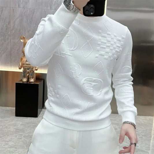Winter New Letter Jacquard Long Sleeved T-shirt for Men Trendy and Fashionable Slim Fit and Stylish Youth Long Sleeved Shirt