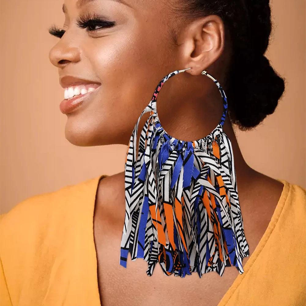 African Fabric Earrings Handmade Drop Tassels Earrings For Women Ethnic African Print Ankara Big Oversized Earings Daily Wear