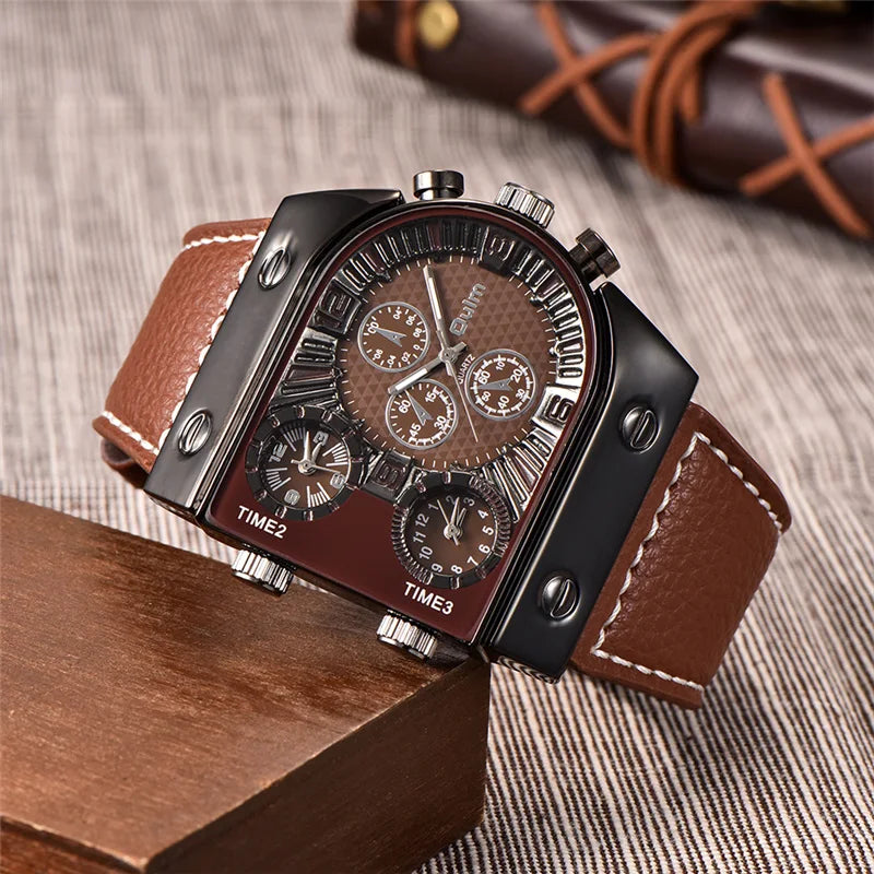 Oulm Top Men's Watches Mens Quartz Casual Leather Strap Wristwatch Sports Man Multi-Time Zone Military Male Watch Clock Relogios
