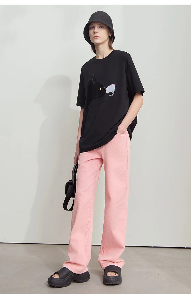 AMII Summer Casual T-shirt for Women 2025 Print Round Neck Short Sleeve Shirts Lady Fashion New Loose Clothes Woman 12522007