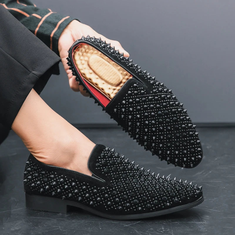 Men's Fashion Suede Leather Rivet Loafers Mens Casual Printed Moccasins Oxfords Wedding Shoes Man Party Driving Flats EU size 47