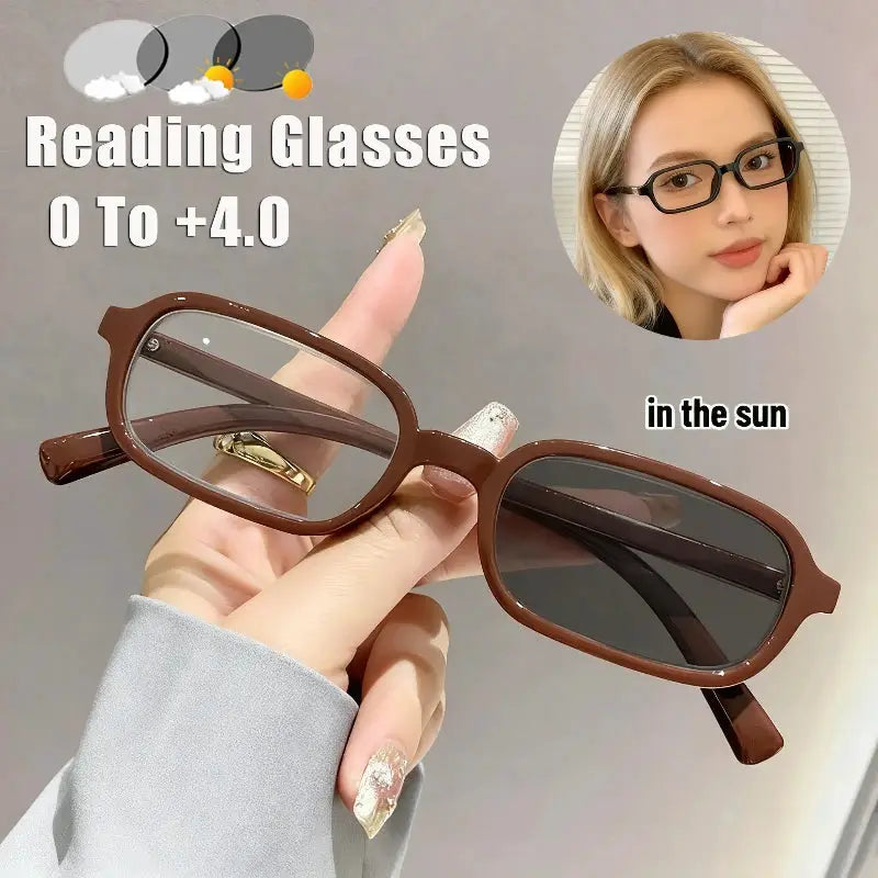 Women's INS Style Photochromic Reading Glasses Retro Square Small Frame Brand Designer Popular Eyeglasses Diopter 0 To +4.0 BAZAARHUBO