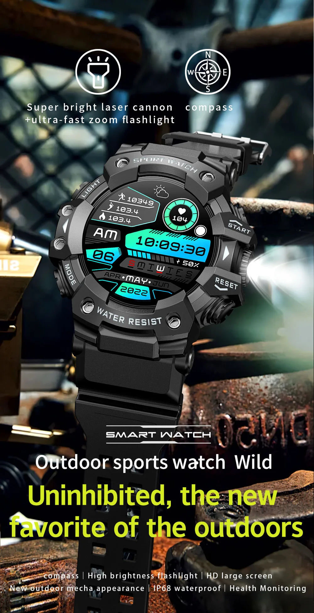 Outdoor Sports Smart Watches Men Blue Tooth Call Smartwatch Compass Waterproof Sleep Health Monitoring Message Push Flashlight