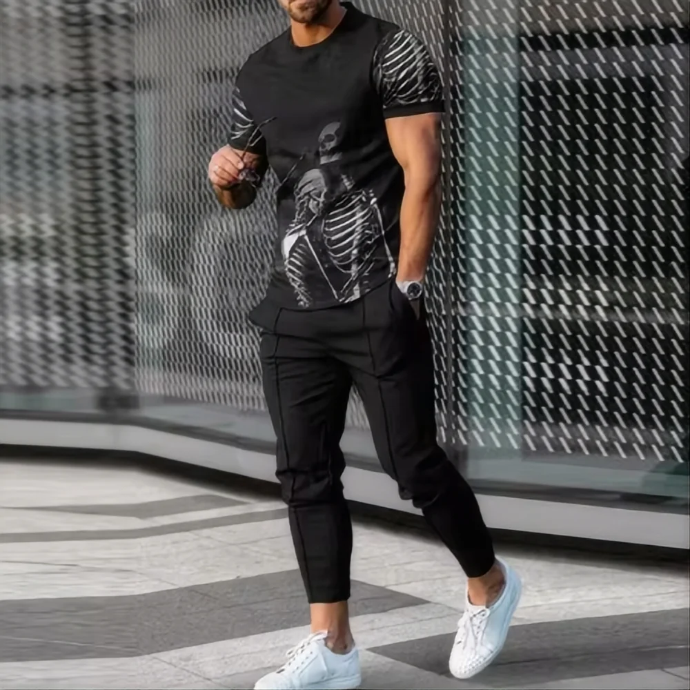 Men's sports set 2-piece jogging suit 3D printed summer fashion new style fun smile short sleeved men's T-shirt+pants
