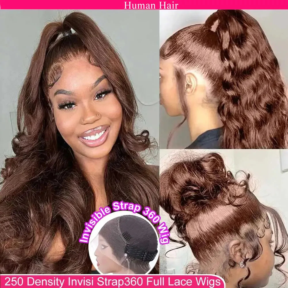 Invisi Strap 360 Full HD Lace Wig 250 Density Glueless Human Hair Wig Chocolate Brown Lace Front Wig Body Wave Frontal Wig