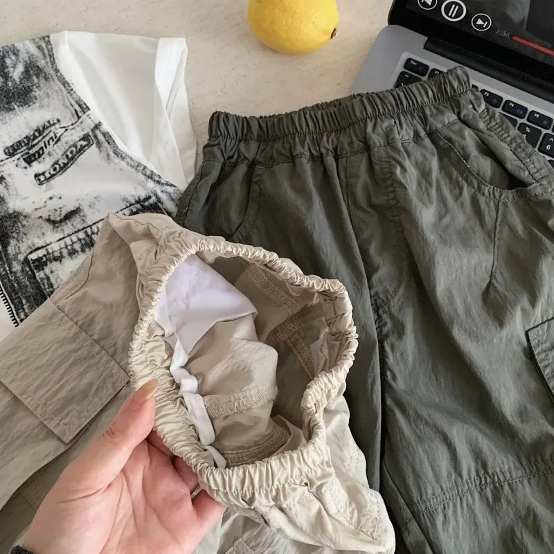 Kids Casual Cargo Shorts Loose Fit Solid Color Multi-Pocket Trousers