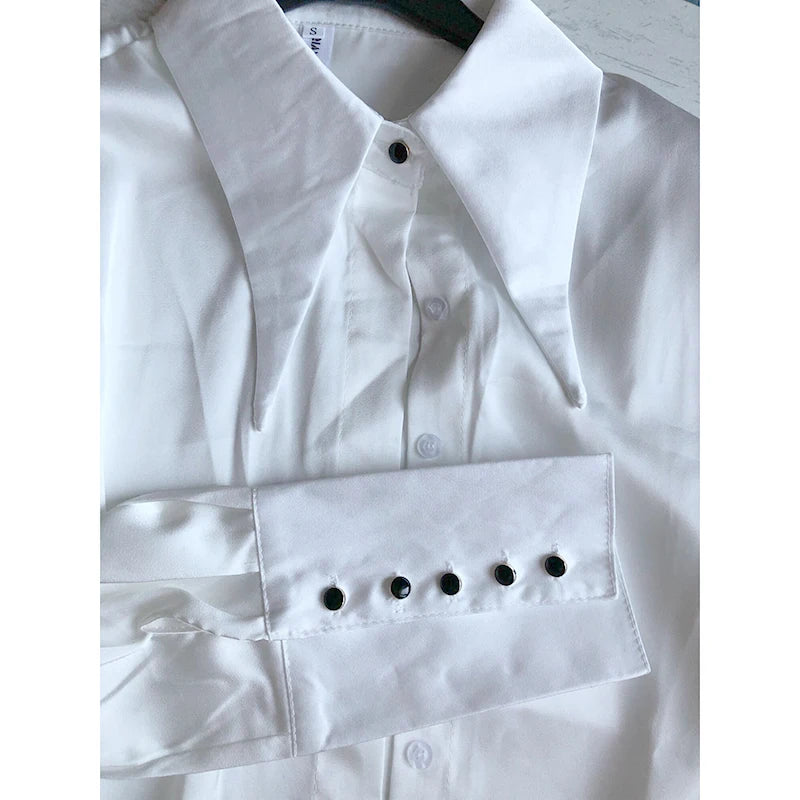 Stylish Elegant Turn Down Collar White Long Sleeve Satin Shirts Fashion Woman Vintage Blouse 2024 Office Lady Tops Blusas 16946