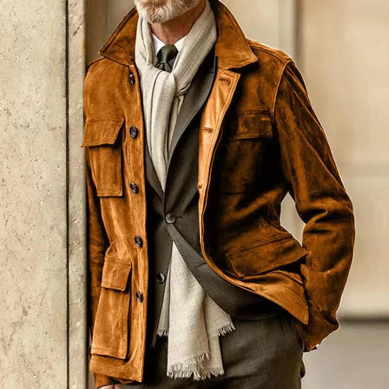 Cowhide Suede Jacket For Men Autumn Winter Turndown Collar Multi-pocket Windbreaker American Vintage Casual Coat Streetwear