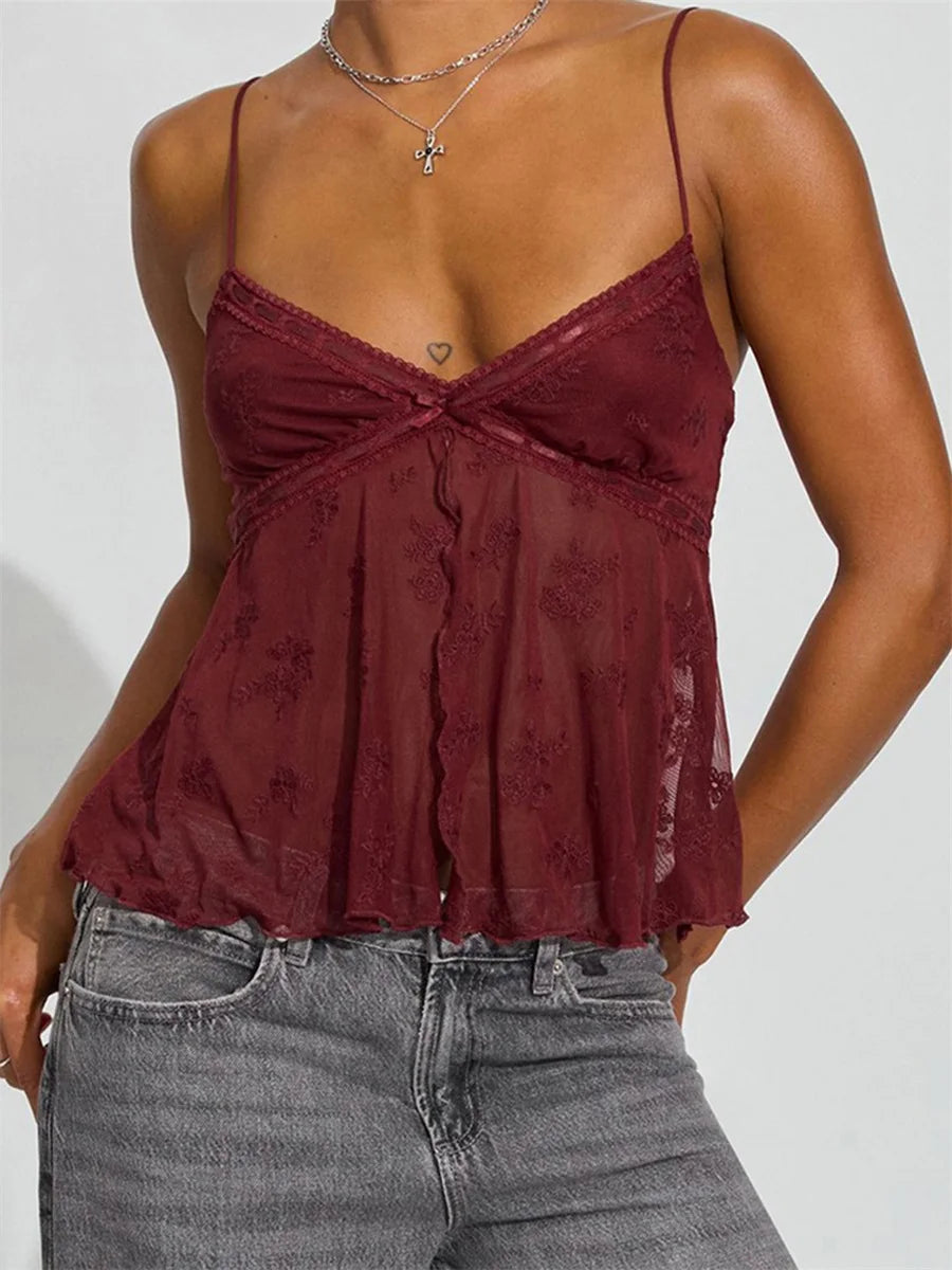 Y2K Crop Tank Top Women Sleeveless Camisole Spaghetti Strap Mesh Floral Backless