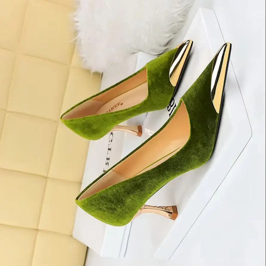 BIGTREE Fashion Sexy Nightclub Slim Wine Glass Pumps High Heel Velvet Shallow Mouth Metal Pointed Party Women's Shoes