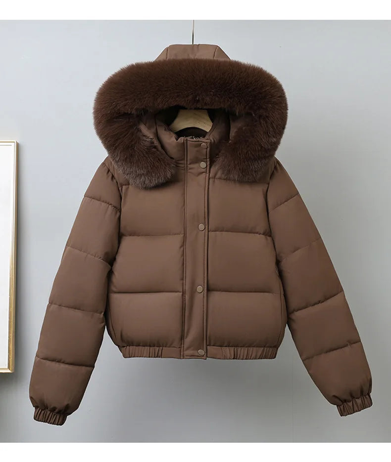 Short Coats Women Parkas Hooded Fur Collar Jackets Thick Warm Y2k Streetwear Elegant Jacket Work Coat Autumn Winter 2025