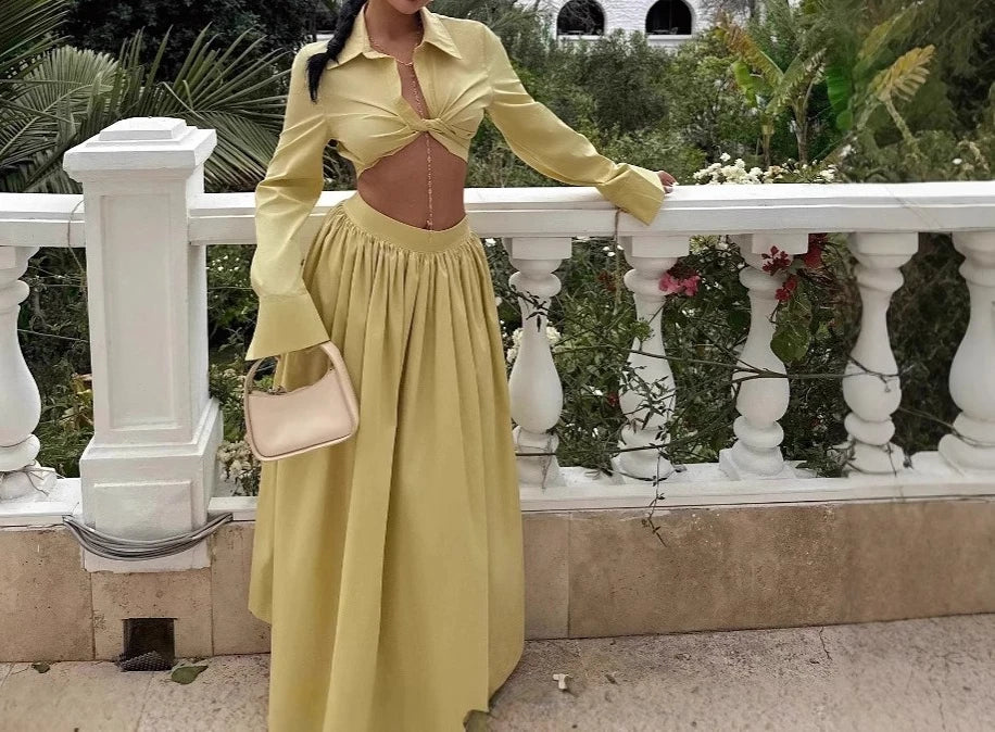 European/American Style Turned Collar, Flared Sleeve Short Top and Skirt Set - African High-end Stylish New Two-piece Set