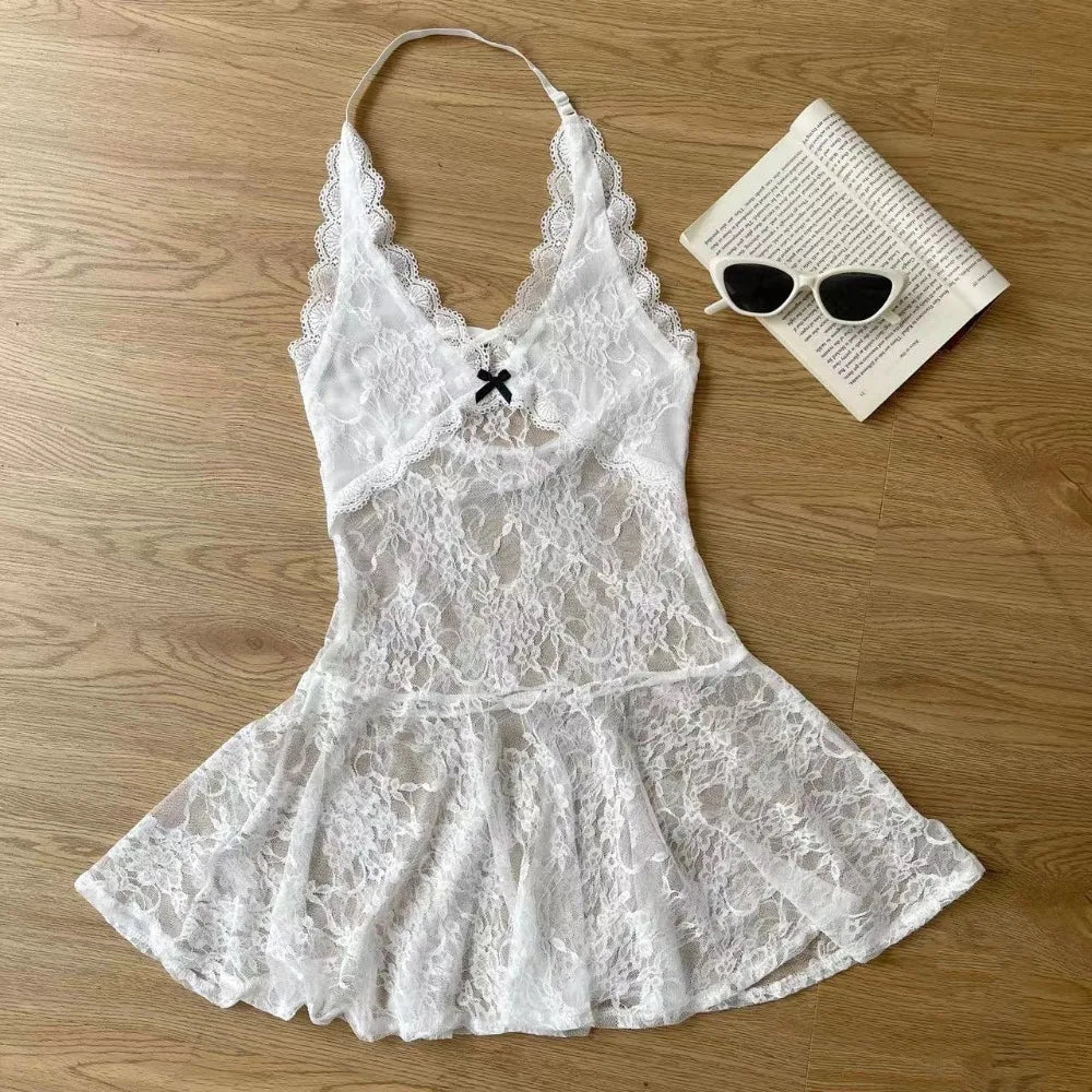 Fashion Transparent Lace Halter Dress V-neck Beachwear Lace-up Short Skirts A-line Spicy Girl Style Dresses Women Club