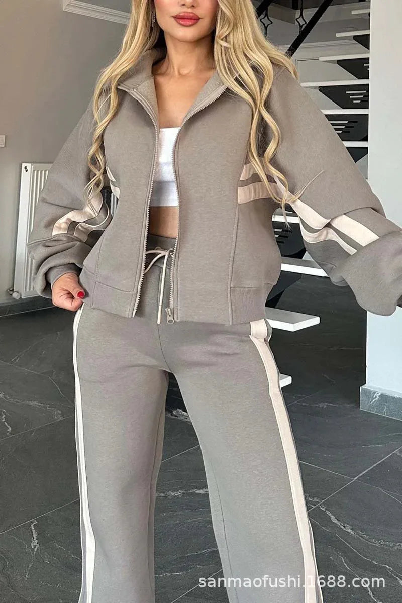 Y2K Striped Zipper Coat+sweatpants Two Piece Set Women Casual Batwing Sleeve Sports Jacket Outfits Autumn Winter Sweatshirt Suit