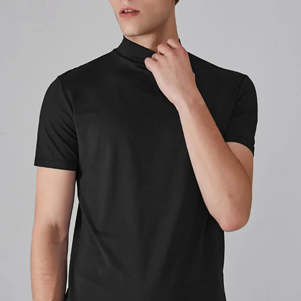 Summer Casual Short Sleeve T-shirt For Men Half High Collar Slim Fit T-shirt Solid Color Elastic Thin Pullover Tee Shirt