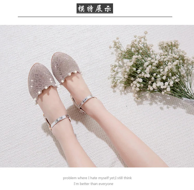 Princess Kids Leather Shoes Girls Sandal Sweet Pearl Casual Glitter Children High Heels Girls Party Dance Shoes Pink Gold Silver