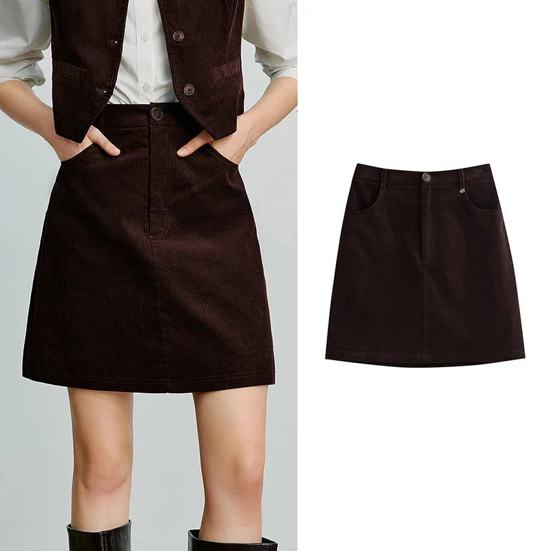 TOYOUTH Women Midi Skirt 2025 Autumn New Retro Corduroy Elastic Waist Pure Cotton A Line Mini Skirt