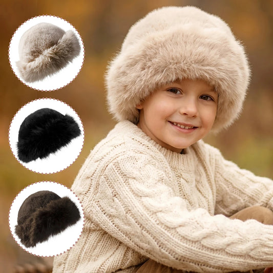 Fuffy Fur Kids Winter Hat Solid Color Thicken Plush Warm Mongolian Hats For Boys Girls Outdoor Cold-proof  Bucket Cap
