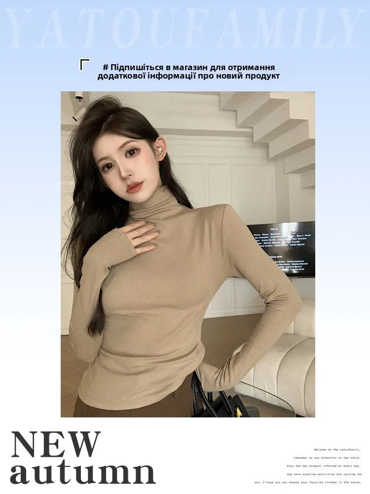 Warm Fce Lined High Collar Long Sve Base irt Women's Faionable Retro Versatile High Ne Base irt Trendy Commute ...