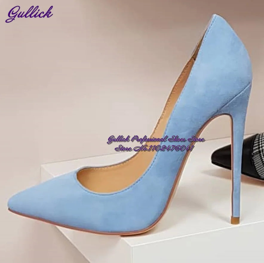 Gullick Women Hot Pink Suede High Heel Shoes 12Cm 10Cm 8Cm Stilettos Slip-On Pointed Toe Wedding Shoes Shallow Pumps Size45