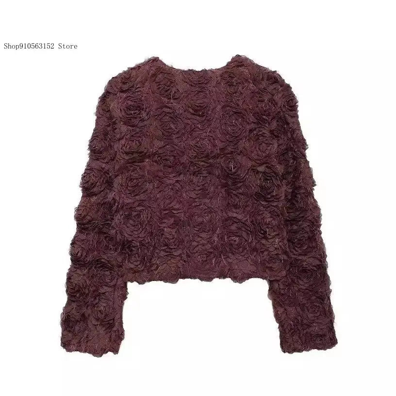 Spring and Autumn Simple Pure Color Round Neck Tops with Three-Dimensional Flower Shaped Texture Long Sleeved Jacket for Women