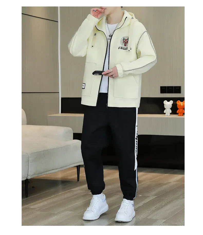 Hooded Jackets And Pants Two Piece Men's Sets 2026 Spring Autumn Youth Streetwear Tracksuits Outdoor Top Coats & Jogger Clothing