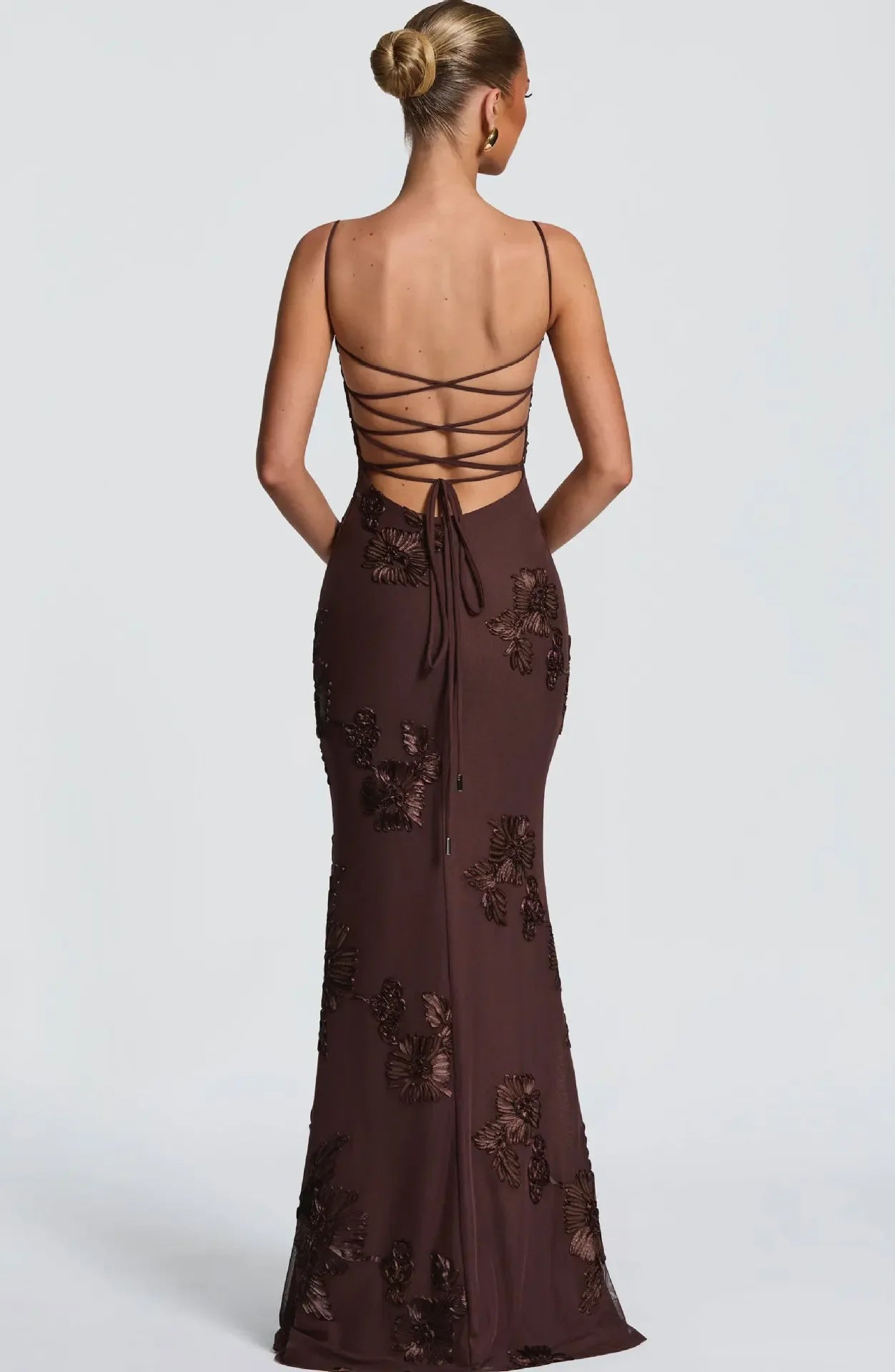 Elegant Women 3d Embroidery Floral Long Dress Women Backless Cross Tied Spaghetti Strap Robe Slim Floor Length Evening Dresses