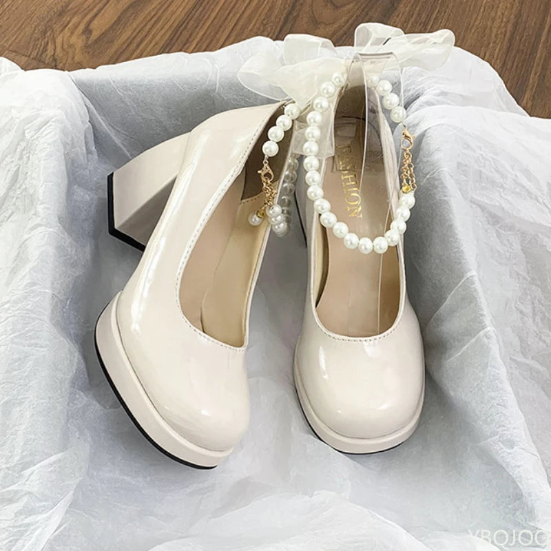Ladies' elegant high heels Chunky Platform High Heels Women Leather Ankle Buckle Mary Jane Shoes Woman Pearl Pumps Zapatos Mujer