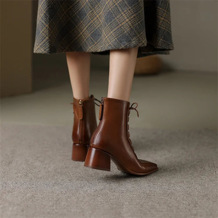 2026 Fashion Women Shoes Split Leather Short Boots Square Toe Chunky Boots Winter Shoes Women Solid High Heel Boots for Women