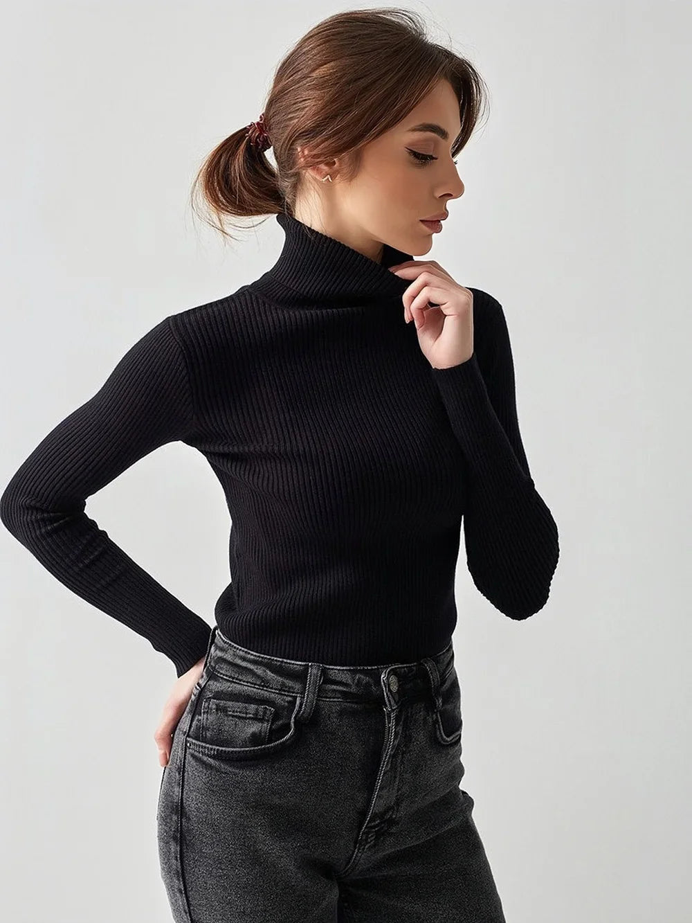 AOSSVIAO 2026 Basic Mock Neck Ribbed Sweaters for Women Cute Sexy Knitted Autumn Winter Warm Fitted Fashion Pullover Sweater