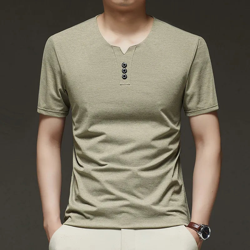 2025 New Men's Business Casual Three Button V-neck Short Sleeved T-shirt Korean Style Summer Comfortable Versatile Top