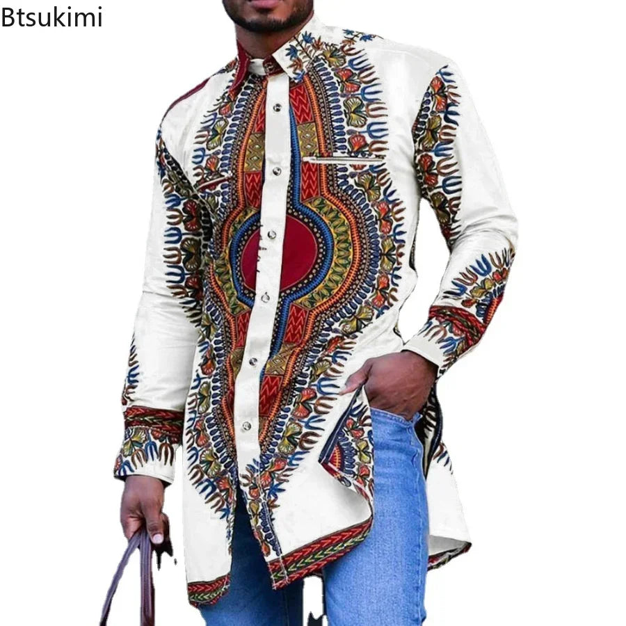 African Men's Clothing Ethnic Print Plus Size Tops Wedding Wear Classic Men's Long Sleeve Shirts Traditional Casual Shirts Male