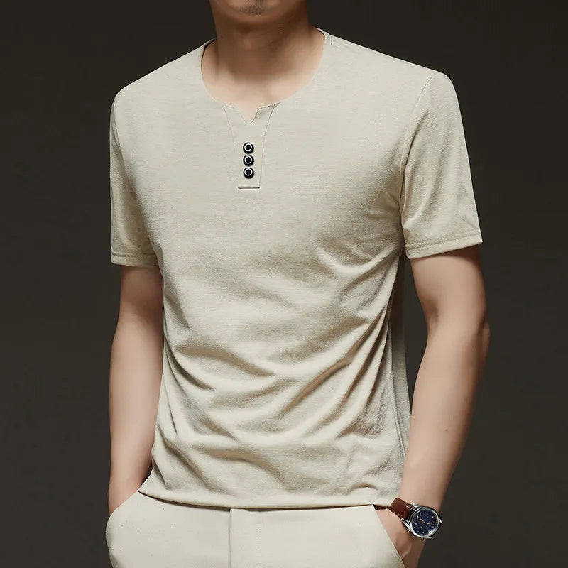 2025 New Men's Business Casual Three Button V-neck Short Sleeved T-shirt Korean Style Summer Comfortable Versatile Top