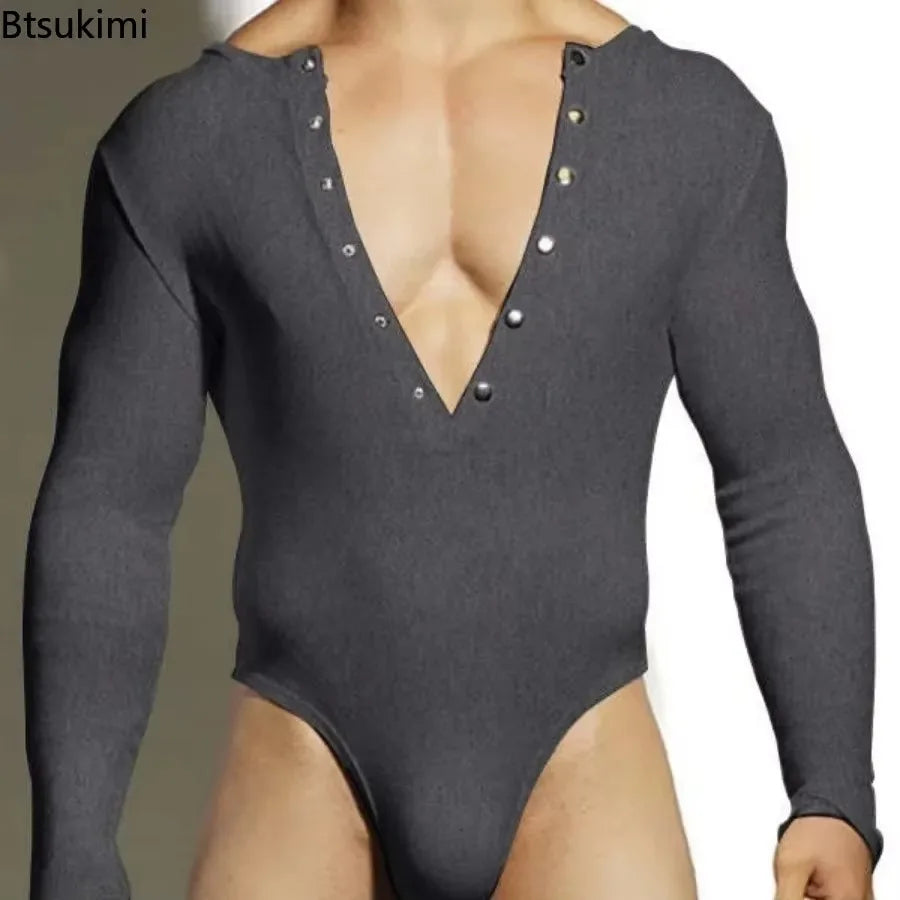 Sexy Home Style Men Rompers Deep V-neck Breathable Stretch Solid Simple Jumpsuits Casual Fashion Long Sleeved Triangle Bodysuits