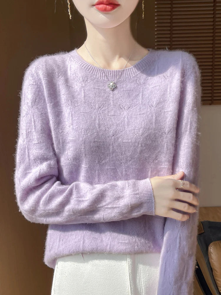 Women 100% Merino Wool Sweater Casual Hollow out Cashmere Blouse O-neck Pullover Tops Autumn Winter Warm Knit Woman Wool Sweater