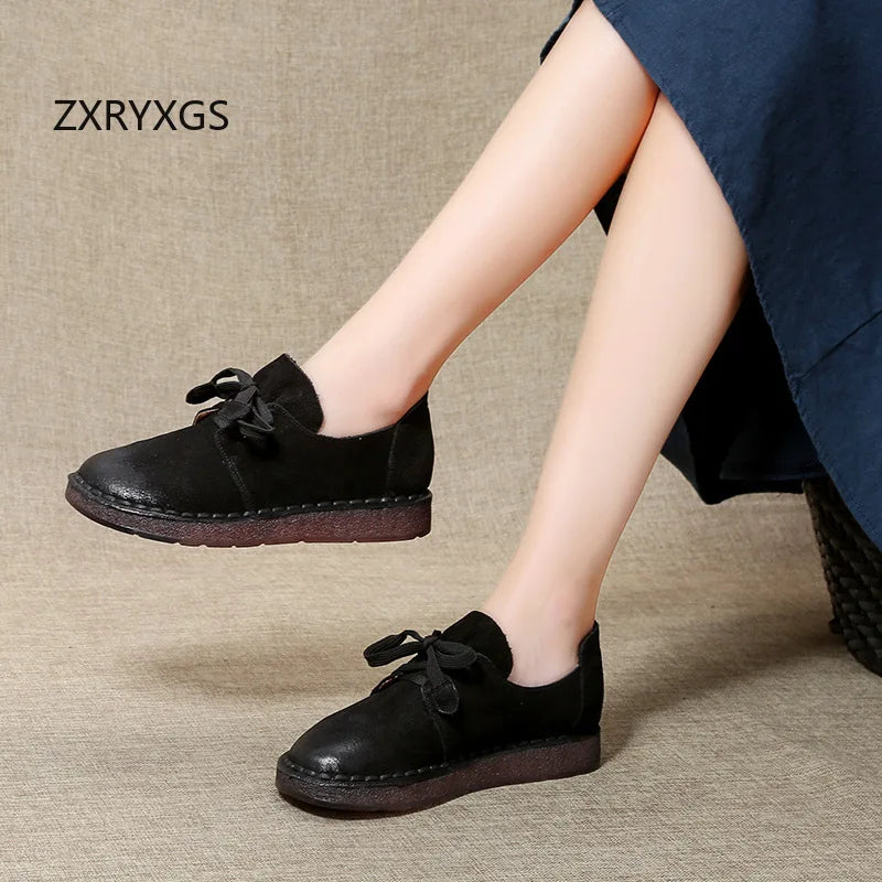 ZXRYXGS Retro Style Top Cowhide Single Shoes Woman New Flats 2025 Winter Soft Sole Comfort Warm Shoes Flat Sneakers Casual Shoes