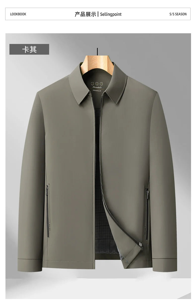 2026 New Men's Spring Lapel Zip-Up Jacket Spandex Fabric Casual Business Outerwear Windproof Anti-Wrinkle Coat
