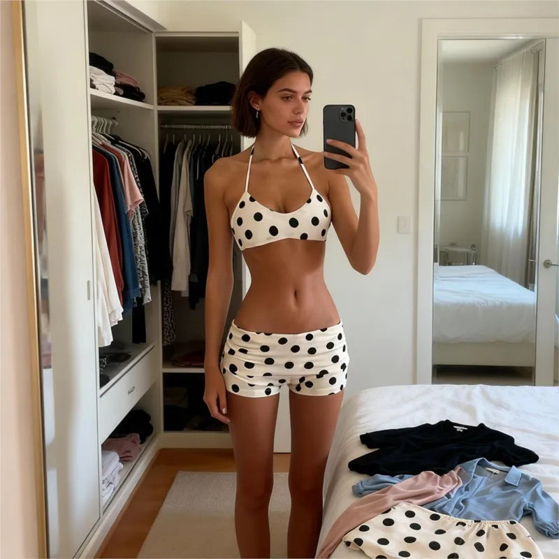 Women 2 Piece Bikini Set  Y2k Neck-wearing Bikini Sexy Polka Dot Spice Girls Shorts Beachwear Summer Holiday Low Waist Shorts