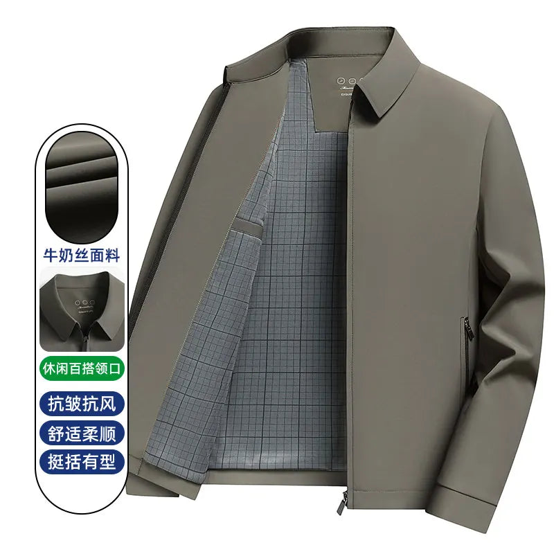 2026 New Men's Spring Lapel Zip-Up Jacket Spandex Fabric Casual Business Outerwear Windproof Anti-Wrinkle Coat