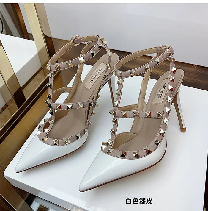 Nude Women's Gladiator sandals Summer 2025 Luxury With Ankle Strap Pointed Toe Fashion Rivet High Heels Party Ladies Shoes Women
